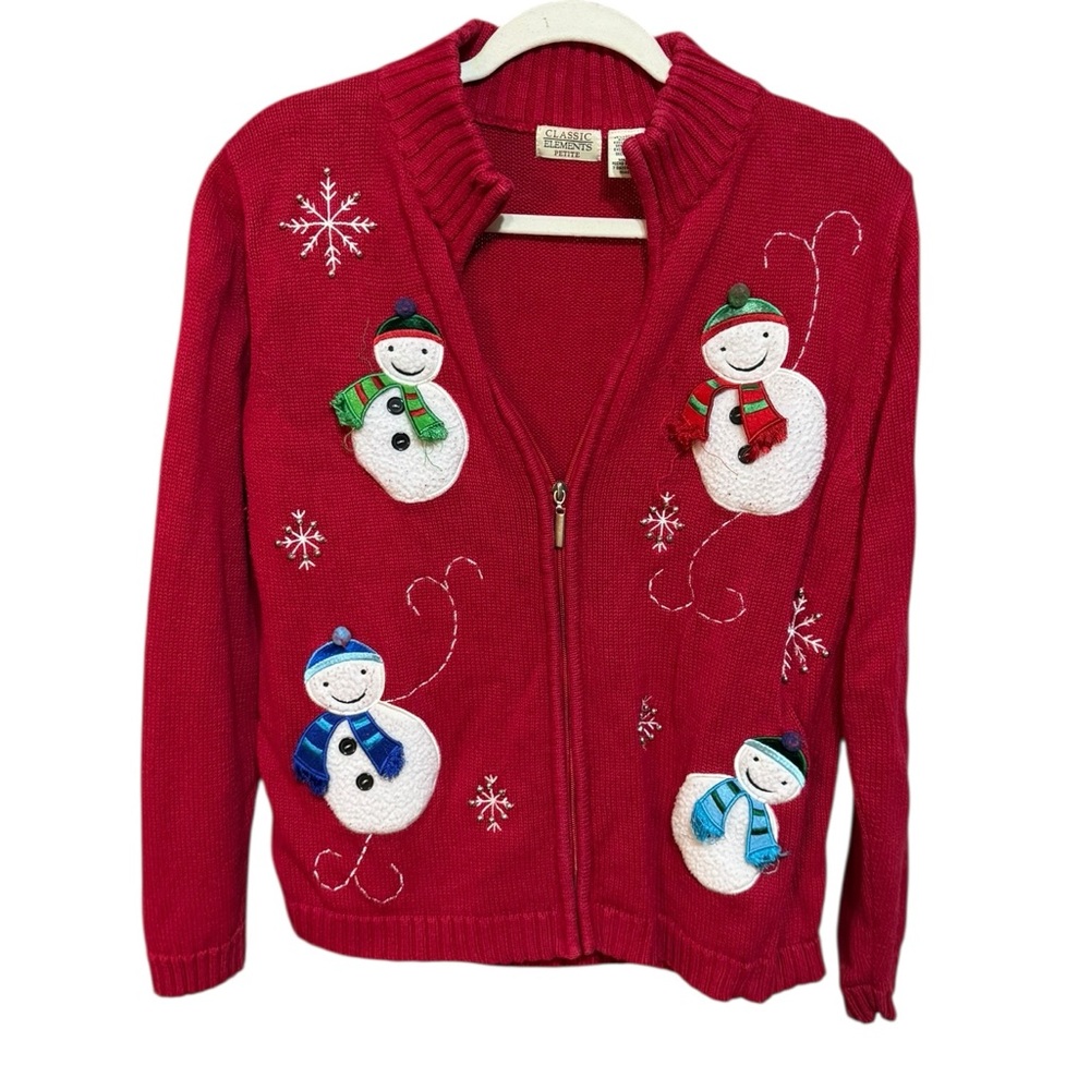 Christmas Sweater Snowman Zip Up Cardigan Vintage Ugly‎ Sz LP
